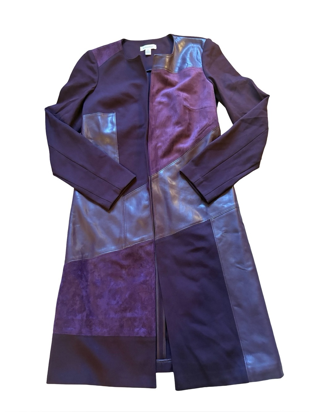 Calvin Klein Purple Long Coat Suede Faux Leather Patchwork Womens Size 6